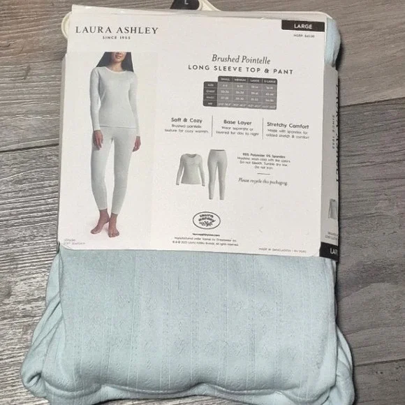 Laura Ashley Womens Brushed Pointelle Pajama Set 2 Piece Long Sleeve Seafoam L - Picture 2 of 3